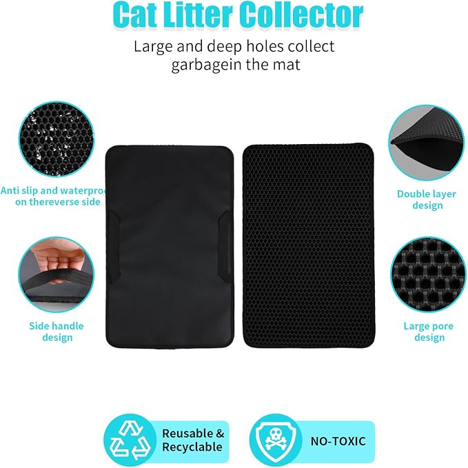 Cat Litter Mat 26"x46.5", Double Layer Waterproof Litterbox Mat, Black | Non-slip backing, washable for easy cleanup, traps stray litter with waterproof honeycomb large grid that is urine-proof.