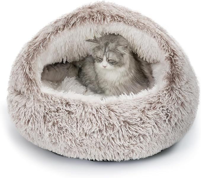 CATISM Cat Bed, Cat Beds for Indoor Cats Covered Hooded | Warm Soft Plush Comfortable Removable Washable Non-Slip Bottom