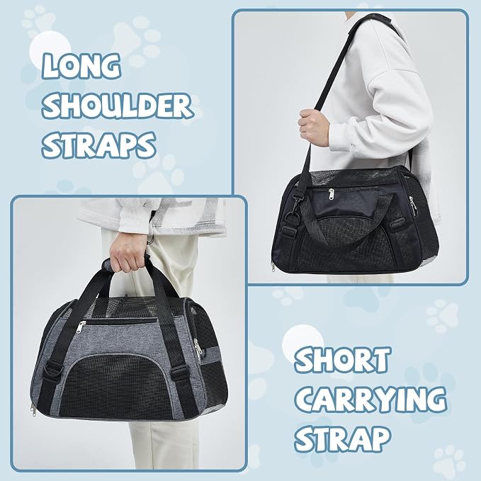 Sweetude 4 Pcs Cat Carrier Soft-Sided Pet Carrying Bag for Cat Under 13 Lbs, 16.9 x 11x 7.5 Inch, Portable Foldable Comfortable Bag for Small Pet Travel(Black, Gray)