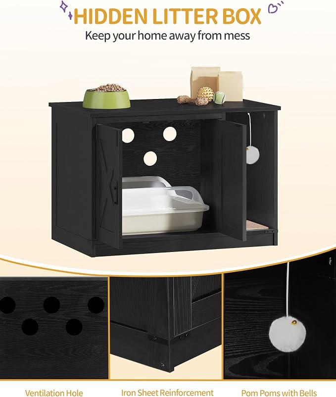 Hzuaneri Cat Litter Box Enclosure, Hidden Litter Box Cabinet Furniture | Indoor Cat House with Bell, Farmhouse Style, 31.5 x 19.7 x 20.9 Inches, for Hallway, Bedroom, Black CB82404X