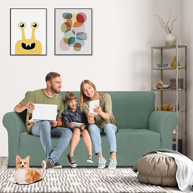 MAXIJIN Couch Covers for 3 Cushion Couch Sofa (71"-91"), 1-Piece Stretch Sofa Cover Slipcover Furniture Protector with Elastic Bottom for Kids,Dogs (Large, Diamond Pattern Pea Green)