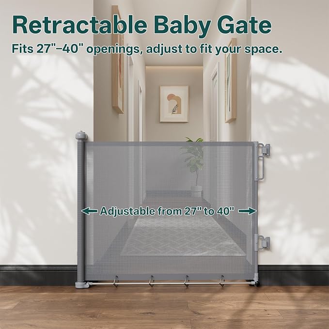 Cumbor 27-40" Retractable Baby Gates for Stairs & Doorways, Indoor Outdoor | Hardware Mounted Mesh Dog & Pet Gate, Easy Walk Through, One-Hand Operation, Anti-Crawl Adjustable Safety Gate for Dog, Grey