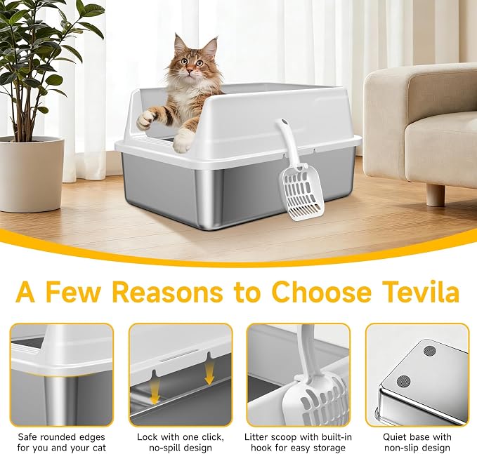 Stainless Steel Cat Litter Box with Scoop,M Metal Pan for Kittens | Metal Litter Box with High Sides & Lid, Open Top Low Entry , Non-Stick Easy Clean ，Kitty Cat Box for Indoor Cats, High Wall