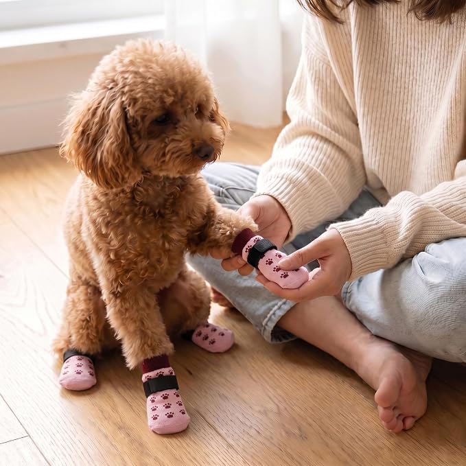 Dog Shoes for Hot Pavement, Breathable Dog Booties to Prevent Licking Paws for Paw Protector Non Slip Puppy Grippy Socks & Paw Covers for Hardwood Floor (Pink, M)