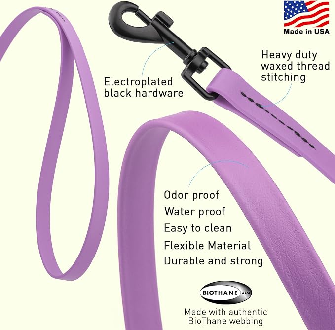 Dogline Biothane Waterproof Dog Leash Strong Coated Nylon Webbing with Black Hardware Odor-Proof Easy to Clean High Performance for Small or Large Dogs Made in USA 2 ft Lead, Amethyst Purple