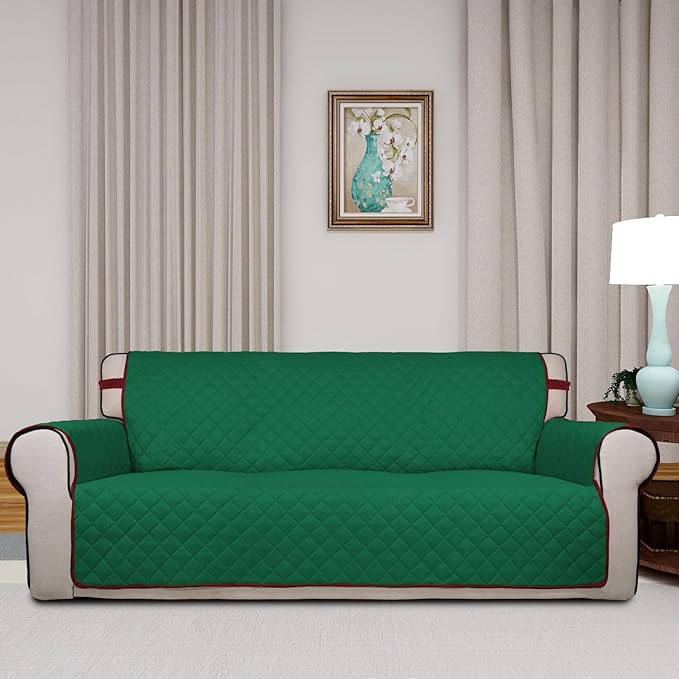 PureFit Reversible Quilted Couch Covers for Dogs Oversized Sofa Cover 78” | Green/Red, Water Resistant Couch Protector, Washable Pet Couch Cover with Non Slip and Elastic Straps For Kids