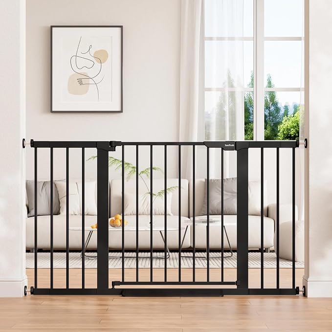 InnoTruth 29.6-50.1 in Extra Wide Baby Gate for Stairs and Doorways, Black | Indoor Metal Dog Gate for Pets, Auto Close 2 Way Swing Walk Through Door, Double Lock & Y-Bolts, Pressure or Hardware Mount