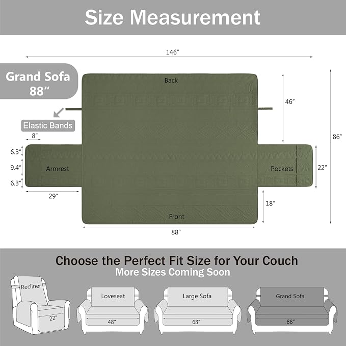 Boho Quilted Grand Sofa Covers Washable, Couch Cover for Grand Sofa, Soft Cozy Couch Protector for 4 Cushion Couch, Oversized Grand Sofa Slipcovers Waterproof (Grand Sofa 88", Olive Green)