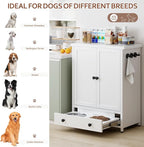 Dog Feeding Station with Storage, Metal Dog Food Storage Cabinet with 2 Elevated Bowls and 3 Hooks, Pet Feeding Station and Dogs Food Storage Organizer, White