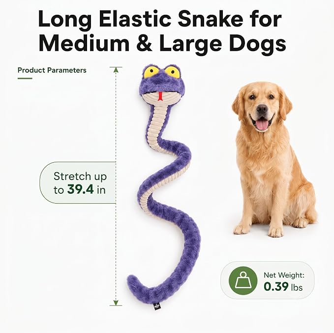 Squeaky Dog Plush Chew Toy, Interactive Tug Squeaky Toy for Chewers, Medium & Large Dogs & Fetch Play, 39.4 in Stuffed Silly Snake Toy with Elastic Stretchable Body for Gentle Gum Care&Boredom Relief