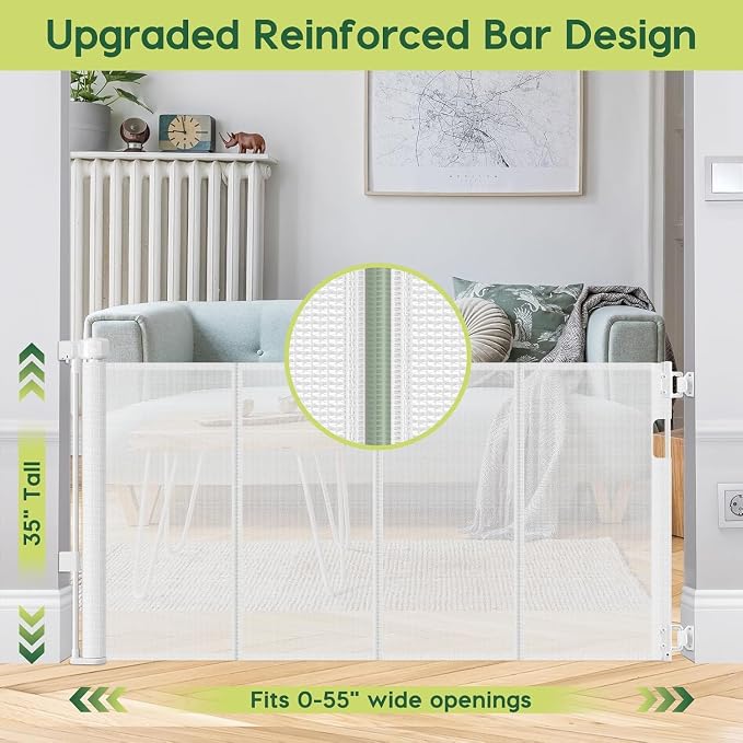 2 Pack Reinforced 55" Wide Retractable Baby Gates for Doorways to Prevent Crawling Under, Outdoor Retractable Gate, Mesh Child Safety Gates for Toddlers, Indoor/Outdoor Baby Gate for Deck/Porch/Patio