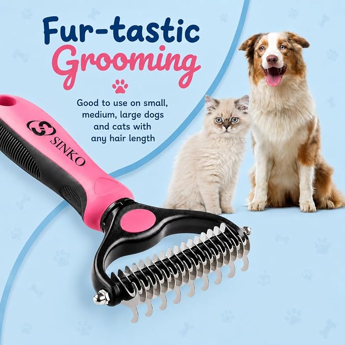 Sinko Shedding Brush For Dog and Cat, Grooming Brush with Extra Wide Double-Sided Stainless Teeth for Detangling, Deshedding, Brushing & Removing Shed Fur, Knots, Mats, and Tangles in Pets (Pink)
