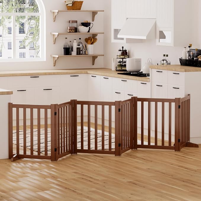 Wooden Freestanding Foldable Dog Gate, 24 Inch Height 6 Panel Pet Gate No Drill for Doorways Stairs, Fully Assembled Indoor Puppy Fence (Teak Color, 120" W x 24" H)