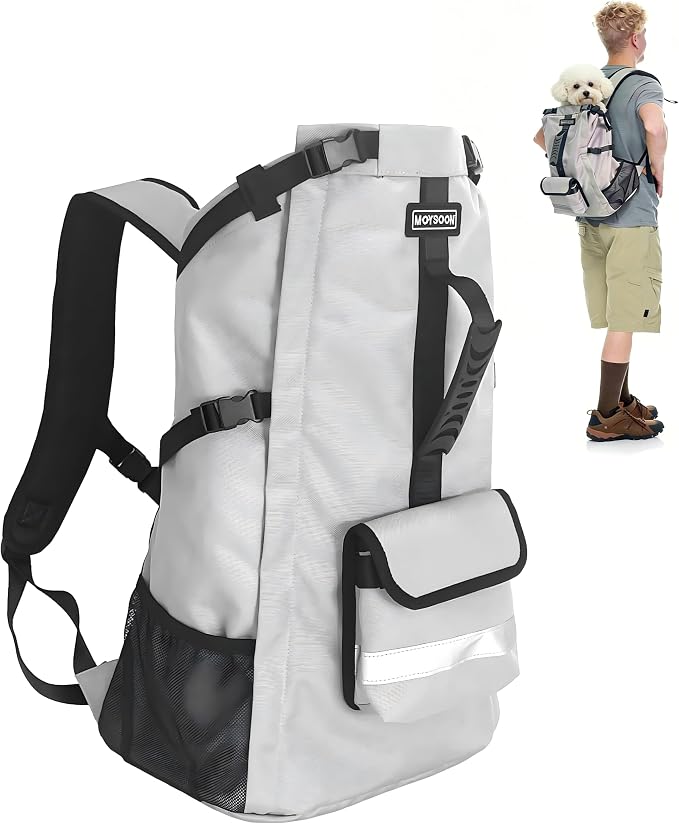 Waterproof Dog Backpack Carrier for Small Dogs Under 24 lb, Grey | 4-Layer Protection, Adjustable Dog Hiking Backpack with Storage Pockets, Reflective Strips, Non-Slip Handle for Travel