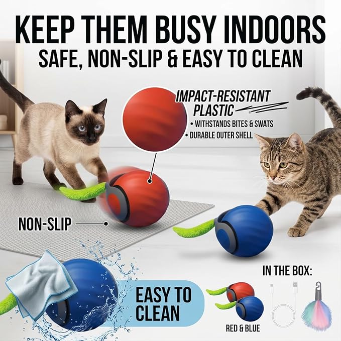 Teazys Cat Toy Turbo Tail 3.0,Interactive Cat Toy Ball, Automatic Cat Toy with Tail, Electric Rolling Ball on Carpet, Cat Enrichment Toys for Small/Medium/Large Cats to Keep Them Busy (2PCS)