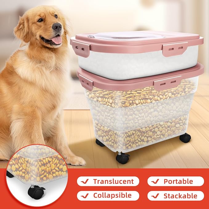 Airtight Pet Food Container, Collapsible Dog Food Storage Container 17-20 lb with Castors, Plastic Dog Food Bin with Pet Food Scoop & Measuring Cup for Dry Food Storage(red)