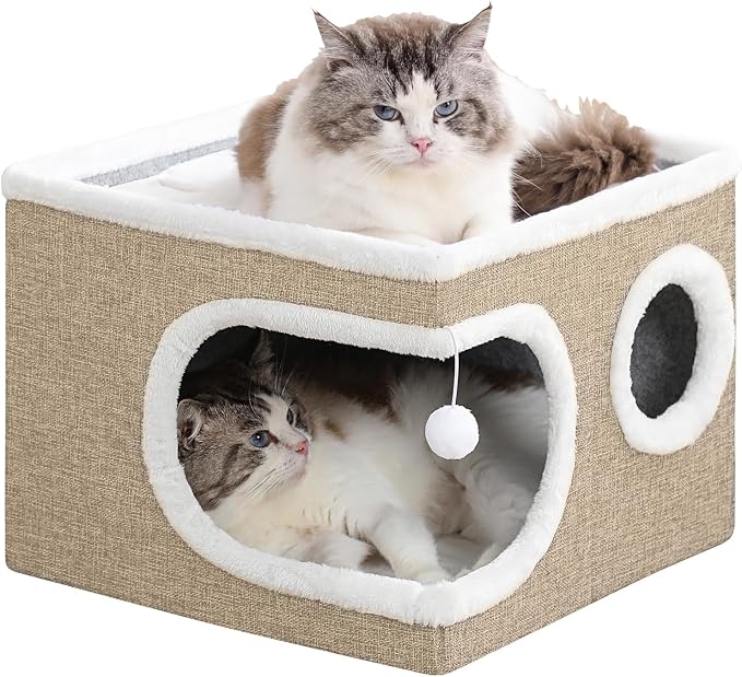 Cat Houses for Indoor Cats, Large Covered Cat Cave Beds & Furniture with Scratch Pad and Fluffy Ball,Foldable Cat Hideaway for Kitten,16.5x16.5x13 inches, Khaki‌