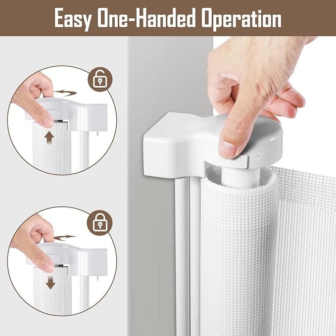 185" Extra Wide Retractable Baby Gates for Dogs, Retractable Fence, White | Indoor/Outdoor Extra Long Dog Gate, for Garage/Patio, Space-Saving, Easy to Use, Safety Lock, Durable Mesh Gate, Easy Install