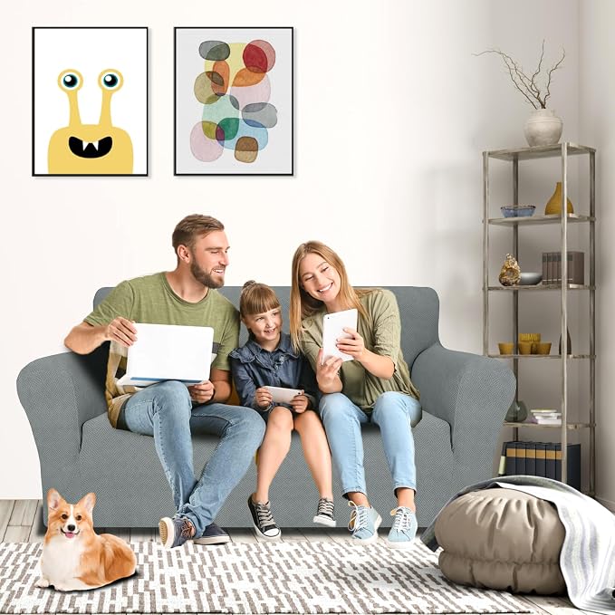 MAXIJIN Loveseat Cover Sofa Covers (55"-69"), 1-Piece Stretch Couch Covers for 2 Cushion Couch Love Seat Slipcover with Elastic Bottom for Kids,Dog (Loveseat, Diamond Pattern Light Gray)