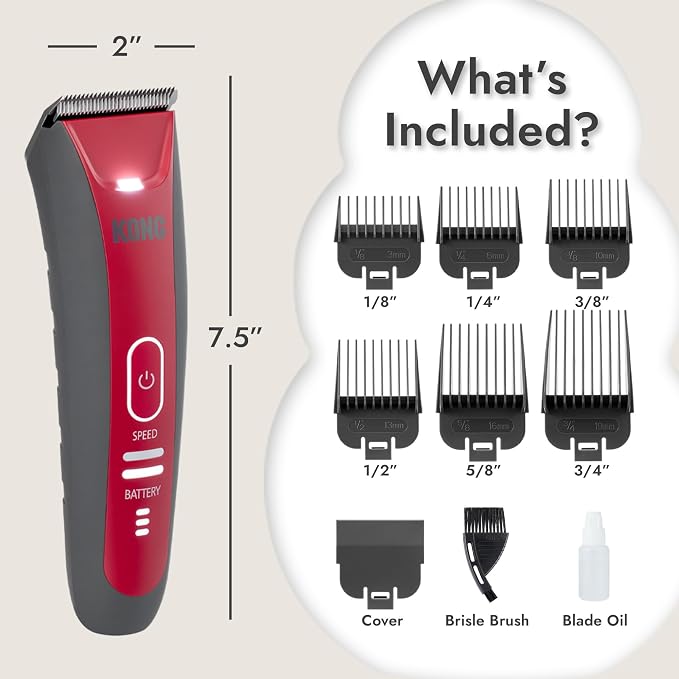 Kong 2-Speed Cordless-Corded Dog Clipper Kit – Stainless Steel Blade, Waterproof, LED Spotlight, Use-While-Charging, 6 Guide Combs, Ergonomic Handle – Red/Gray, Medium Coat Types