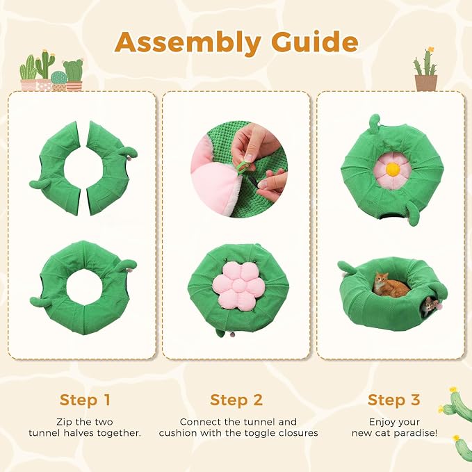 PAWZ Road Cactus Cat Tunnel Collapsible Cat Donut Tunnel with Flower Bed | 38" diameter,2 tunnels & flower mat form Large cat tunnels Peephole & dangling balls for indoor adult cat
