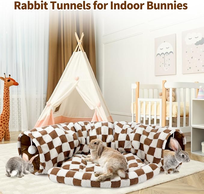 BWOGUE Bunny Tunnel Bed, Brown Plaid 2-in-1 Rabbit Tunnel Hideout with Mat | Removable Mat for Washing, Ball Toy for Play, Tunnel Tubes for Hiding, Soft Suede Fabric, Cats Rabbits Guinea Pigs