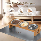 Elevated Cat Bowls with 3 Stainless Steel Bowls | 15° Tilted Anti-Vomiting Raised Cat Food Bowl with Solid Wood Stand and Silicone Pad for Cats and Small Pets Bowl(Warm Chestnut)