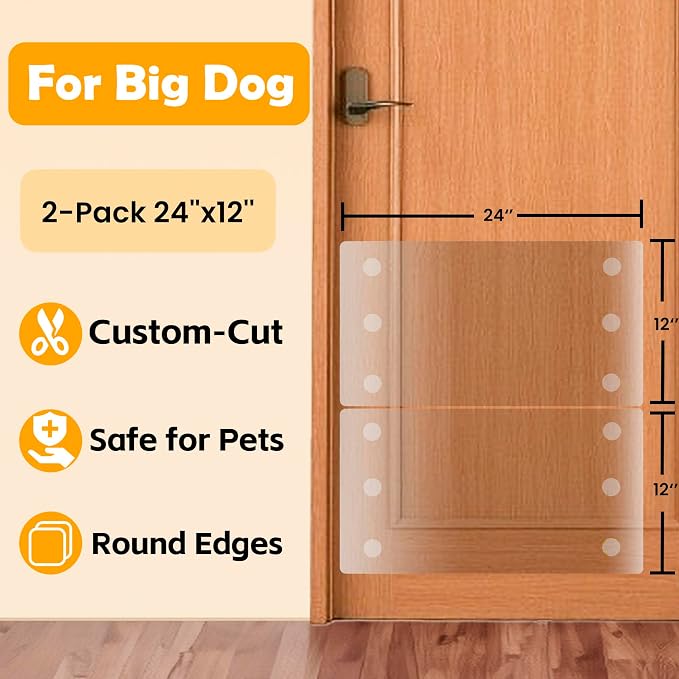 Dog Door Scratch Protector 2-Pack 24x12 — 1/8" Thick Clear PVC Guard for Large Dogs, Paint-Safe 3M Adhesive, Noise-Reducing Heavy Duty Shield for Sliding Glass French Doors Walls & Furniture