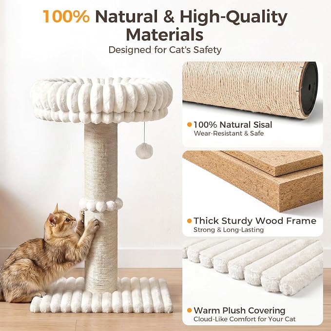 Avont 29" Sisal Cat Scratching Post with Large Plush Perch, Cream | Large Cat Scratcher Tower & Plush Elevated Cat Bed with Removable & Washable Cover, Sturdy Cat Perch for Indoor Cats