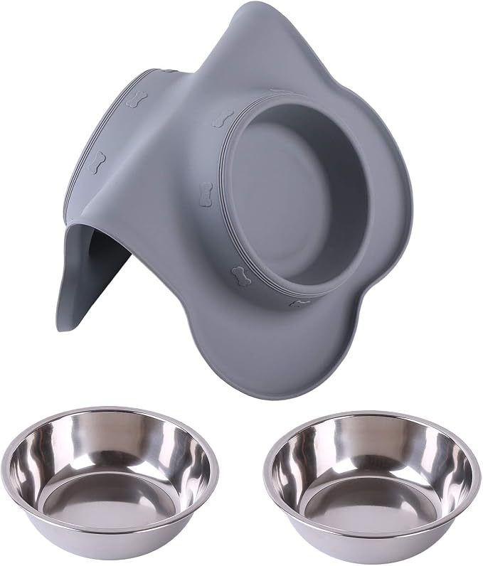 Hubulk Pet Dog Bowls 2 Stainless Steel with No Spill Non-Skid Silicone Mat + Pet Food Scoop Water and Food Feeder Bowls for Feeding Small Medium Large Dogs Cats Puppies ( Gray)