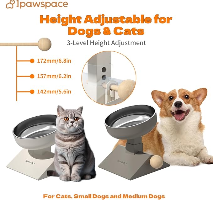 Raised Cat Bowl,Elevated Cat Bowl Stand with 3-Level Height,Grey | 25 OZ Large Capacity,304 Stainless Steel,5.6''/6.2''/6.8'' Height Elevated,0-17.5° tilt Neck-Friendly,Cats and Puppy