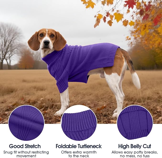IECOii XL Dog Sweater,Winter Doggy Clothes for Large Dogs Girl Boy,Warm Pullover Soft Dog Sweater Turtleneck,Lightweight & Good Stretch for Active Dogs Like Beagle,Border Collie (Purple,XLarge)