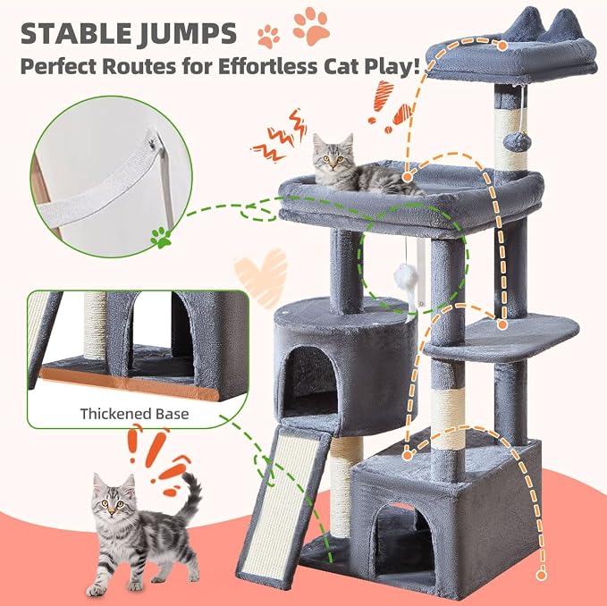 Taoqimiao Sturdy Cat Tree, 55.1In Cat Tower for Indoor Cats, Large Platform | Rotatable Round Condo with Large Scratch Board, Extended Cat House, Thickened Full-Sisal Scratching Post, Smoky Gray, F10G