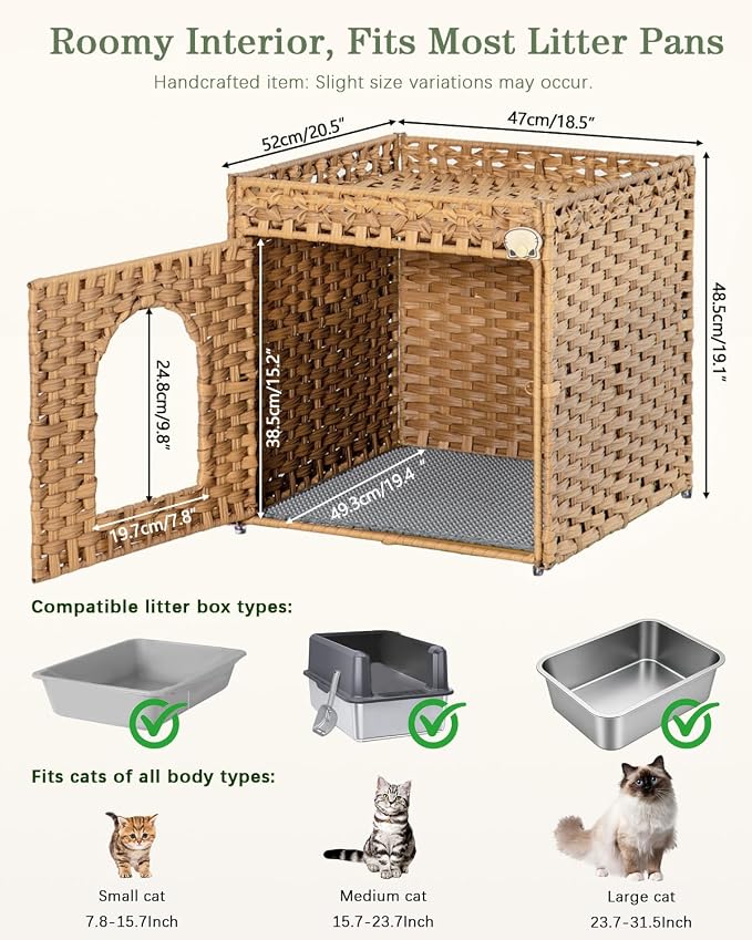 SETVSON Cat Litter Box Enclosure Furniture, Hidden PE Rattan, Natural | PE Rattan Kitty House with Top Fence, Fits Standard Litter Box, Included Litter Mat, 2 S-Hooks, Sturdy Metal Frame