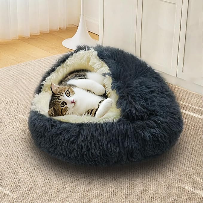 ShinHye Cat Bed Round Plush Fluffy Hooded Cat Bed Cave, Cozy for Indoor Cats or Small Dog beds, Soothing Pet Beds Doughnut Calm Anti-nxiety Dog Bed - Waterproof Bottom Washable (23×23inch, Dark Grey)