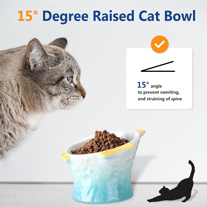 Tioncy 2 Pcs Raised Tilted Ceramic Cat Food Bowl Fish Shape Cute Elevated Slanted Shallow Angled Cat Dish Non Slip Feeder Bowl for Anti-Vomiting and Whisker Fatigue(Blue, Green)