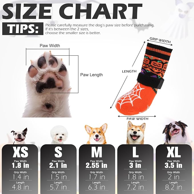 EXPAWLORER Halloween Anti Slip Dog Socks to Prevent Licking Paws, Boots & Paw Protectors with Spider Web Grippers,Doggie Booties for Hardwood Floors for Small Medium Large Senior Dogs Orange Pumpkin L