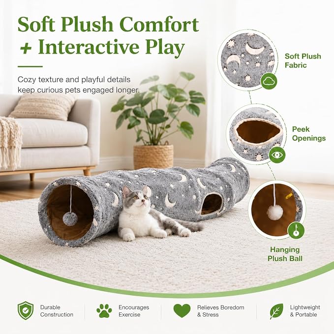 Cat Tunnel Tube with Plush Ball Toys Collapsible Self-Luminous Photoluminescence, for Small Pets Bunny Rabbits, Kittens, Ferrets,Puppy and Dogs Grey Moon Star (S-Shape)