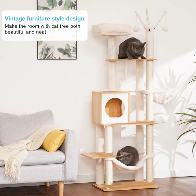 Hey-brother Wooden Cat Tree Tower with Hammock for Indoor Cats, MPJ120WB | 66.14 Inches Modern Scratching Post with Large Condo, Plush Top Platform, Cozy Basket, Bed, Hanging Toys, Walnut