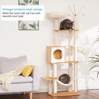 Hey-brother Wooden Cat Tree Tower with Hammock for Indoor Cats, MPJ120WB | 66.14 Inches Modern Scratching Post with Large Condo, Plush Top Platform, Cozy Basket, Bed, Hanging Toys, Walnut