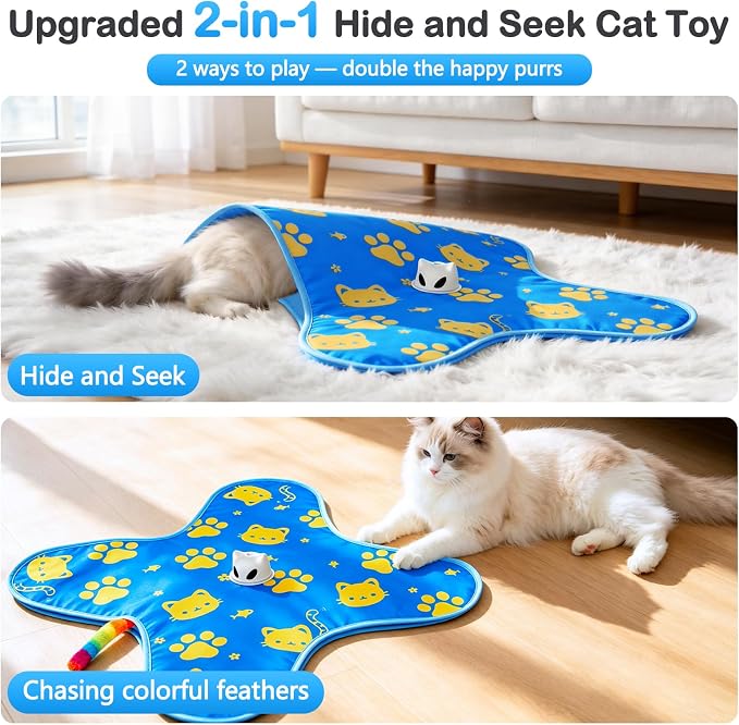 Interactive Cat Toys for Indoor Cats, Rechargeable Hide & Seek Toy | Touch Activated, 3 Speed Modes, Realistic Bird Chirps, 10-Min Auto Shutoff, Hidden Feather Wand for Bored Adult Cats, Blue