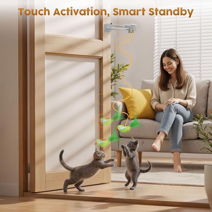 Interactive Cat Toys for Indoor Cats, Clip-On Automatic Flying Bird | USB Rechargeable Self-Play with Interchangeable Bird & Mouse Attachments for Bored Kittens and Adult Cats