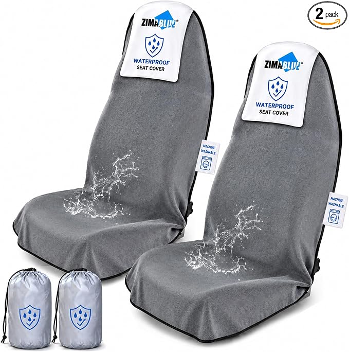ZIMABLUE 2 Pack Waterproof Towel Car Seat Covers, 1kg Heavy Duty 3-Layer Microfiber Sweat Protector, Non-Slip Machine Washable Universal Bucket Seat Covers for Cars, SUVs, Gym, Beach, Pets, Gray