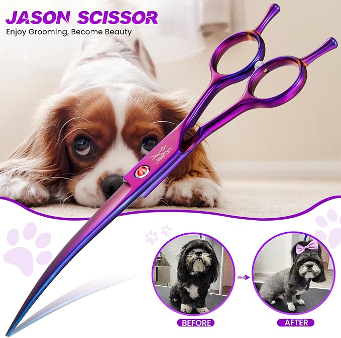 JASON Curved Dog Grooming Scissors - 7" Down-Curved Trimming Shears Purple | Professional Shear with Ergonomic Handle Japanese Stainless Steel, for Dogs, Cats and Other Pets, Sharp, Gift
