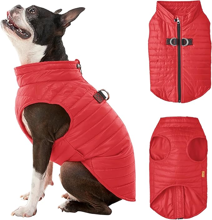 Gooby Puffer Vest - Red, X-Large - Ultra Thin Zip Up Windbreaker with Dual D Ring Leash - Water Resistant Dog Sweater Coat for Small Dogs
