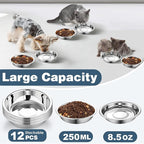 12 PCS Thickened Stainless Steel Cat Bowls, 5.5 Inch Shallow Wide Flat Metal Kitten Food Bowls, Whisker Friendly Fatigue Relief Replacement Basic Pet Dishes for Indoor Cats