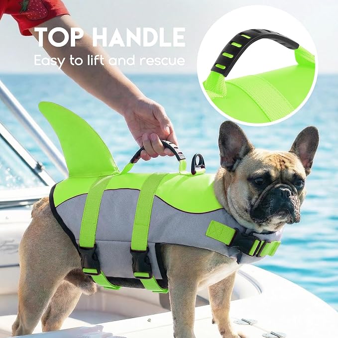 ASENKU Dog Life Jacket - Pet Safety Vest for Swimming & Boating, Shark Life Jacket with Floatation, Dog Lifesavers Swimsuits for Small Medium Large Dogs (Green, L)