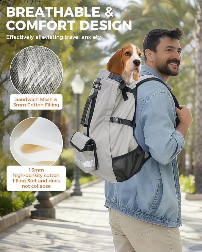 Waterproof Dog Backpack Carrier for Small Dogs Under 24 lb, Grey | 4-Layer Protection, Adjustable Dog Hiking Backpack with Storage Pockets, Reflective Strips, Non-Slip Handle for Travel