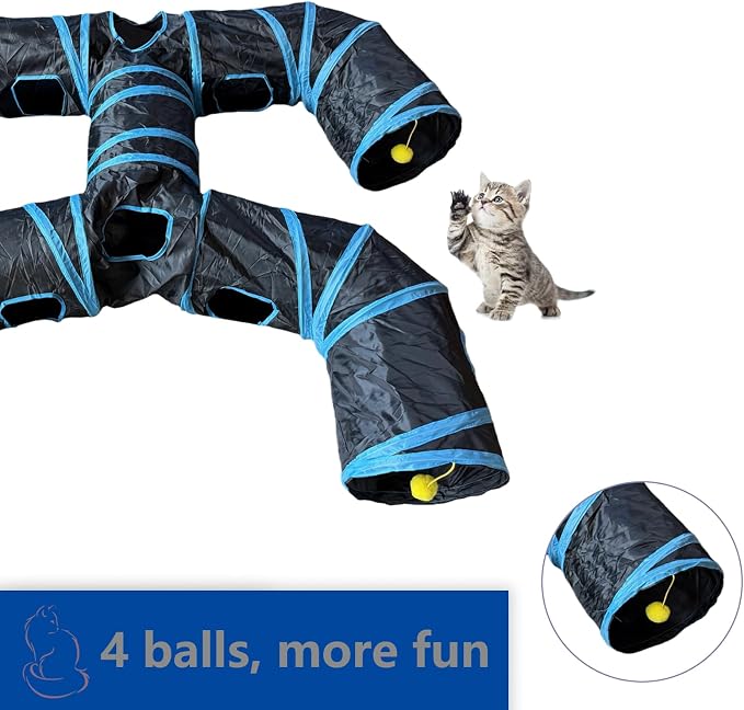 Foldable H-Shaped Cat Tunnel Toy with Interactive Playing Balls - 4 Exits for Cats, Kittens, Rabbits & Small Pets Collapsible Play Tube for Indoor Fun & Exercise (Blue Black)