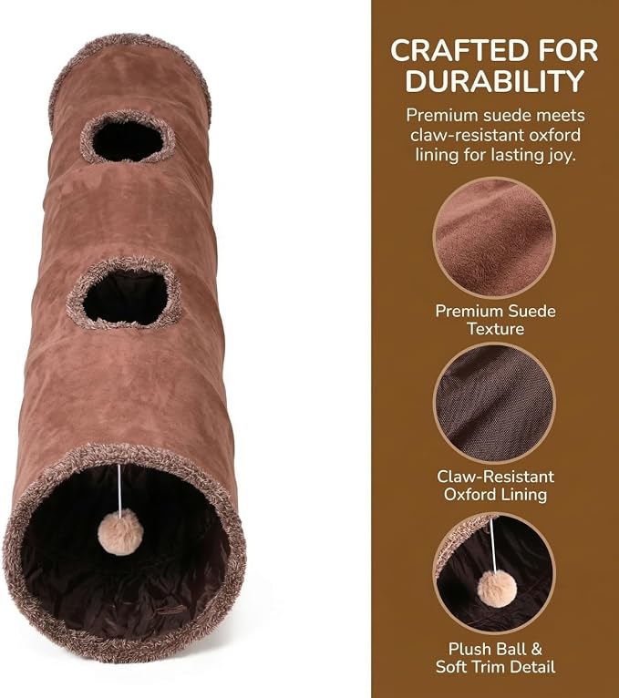 51"x 12" Collasiple Cat Play Tunnel, Cats Tubes and Tunnels, Cat Foldable Hide and Seek Tunnel Toy, Brown Suede Pet Tube Toy for Rabbits, Ferrets, Puppy, Diameter 12 Inch